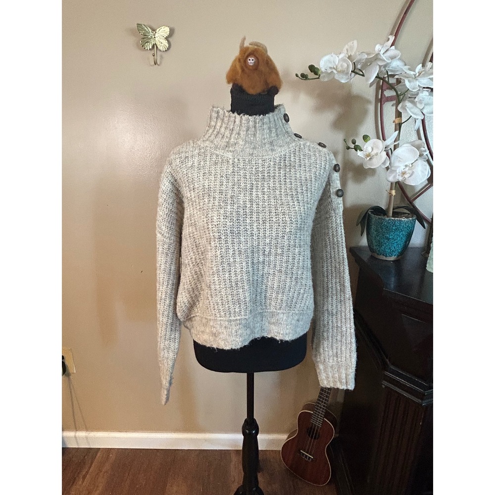 Jessica Simpson Women Oatmeal Marl Button Shoulder Turtleneck Sweater Size M